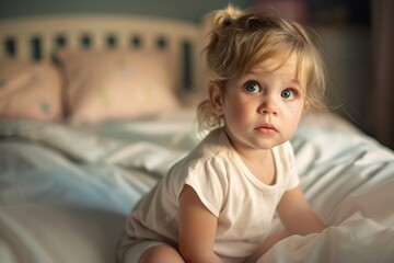A small girl with a sweet expression sitting on a daycare bed