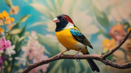 Fototapeta premium A beautifully feathered Gouldian sparrow resting on a branch, with the serene backdrop of wildflowers swaying in the breeze.