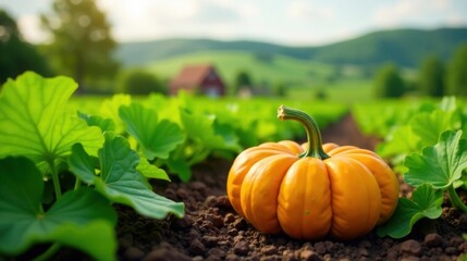A single ripe orange pumpkin sits nestled amongst vibrant green pumpkin plants in a sun-drenched agricultural field, showcasing the beauty of autumn harvest.