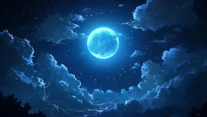 The bright moon is shining in the night sky, surrounded by clouds and stars.