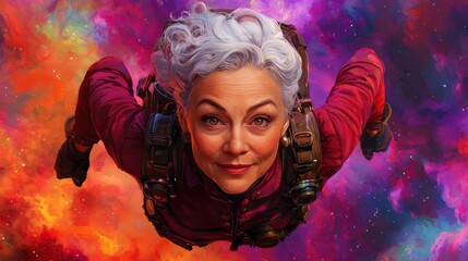 Senior Woman Floating in Space with Colorful Cosmic Background