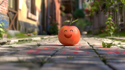 Obraz premium Smiling 3D peach playing hopscotch on the sidewalk