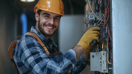 Smiling electrician working on electrical panel, industrial setting. Use website, blog, advertising