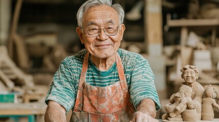 Senior Male Potter Smiling in Workshop Surrounded by Clay Creations