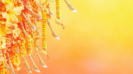 Obraz premium A bright yellow-orange gradient Thaipusam banner adorned with intricate kavadi knives and floral garlands
