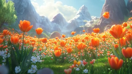 Obraz premium Vibrant orange tulips bloom in a field, mountains in the background. Perfect for spring, nature, or travel themes.