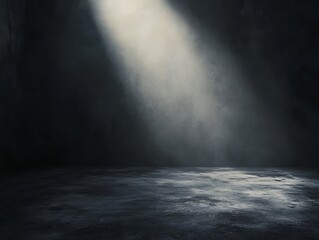 Minimalist dark interior with a single spotlight casting dramatic lighting on a textured concrete wall, creating a moody and cinematic atmosphere