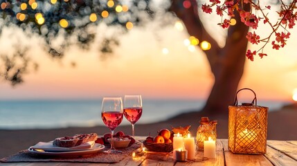 Cozy outdoor dinner setting with glowing red and pink candles wine glasses and a serene sunset backdrop with a coastal tree and leaves  Romantic intimate