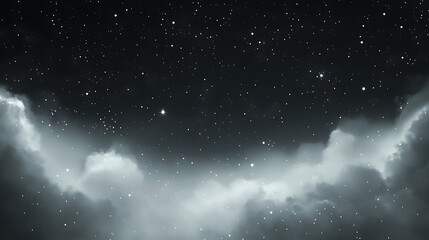 Celestial sky in an otherworldly realm, featuring clouds illuminated by soft celestial light. The cosmic horizon is vast