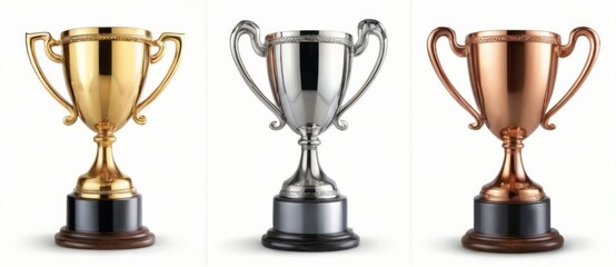 Three shiny trophies in gold, silver, and copper on wooden base against a white background.