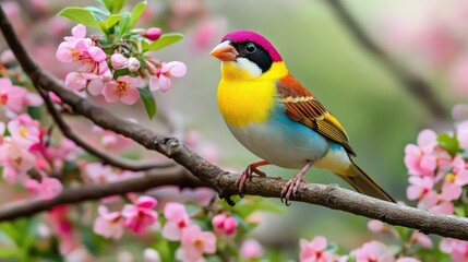Obraz premium A close-up of a Gouldian sparrow showcasing its striking plumage, sitting on a tree branch with a background of blooming wildflowers.