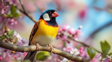 Naklejka premium A close-up of a Gouldian sparrow showcasing its striking plumage, sitting on a tree branch with a background of blooming wildflowers.