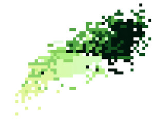 Obraz premium Green Pixelated Shape – Digital Fragmentation and Pixel Dispersion on white and transparent background. PNG