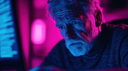 Focused Senior Man Working on Computer in Neon Lit Environment
