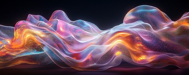 Holographic fluid waves with a dark backdrop, creating a visually stimulating, futuristic scene.