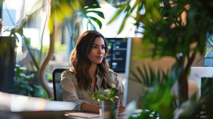 A fashionable woman embodying creativity in a modern office setting