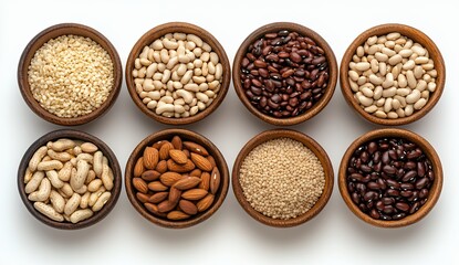 Overhead View of Assorted Beans, Grains, and Nuts in Bowls