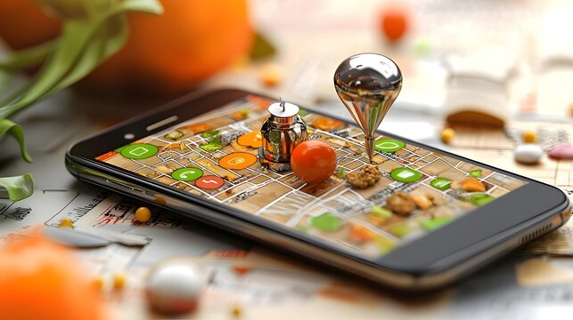 Digital food delivery app interface displayed on a smartphone device screen showcasing key features and functions for ordering payment and tracking of takeout or restaurant meals