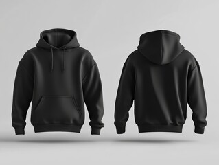 Black Hoodie Front and Back Views for Apparel Design Fashion Clothing Graphic Presentation Mockup Template