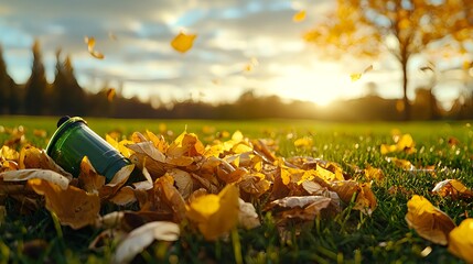 Green Bottle Amidst Autumn Leaves in a Park