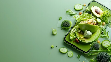 Digital of a healthy virtual food customization interface on a mobile app featuring a variety of fresh vegetables greens and other plant based ingredients arranged in a modern minimalist design