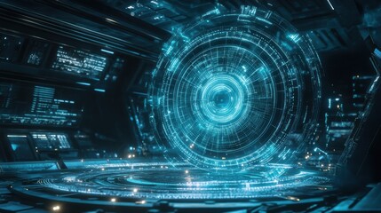 Obraz premium Featuring a high tech facility, a futuristic manufacturing process showcases a large hologram displaying complex data, surrounded by advanced machinery and control panels