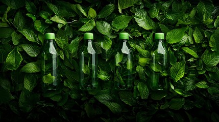 Obraz premium Green Bottles Amidst Lush Green Leaves