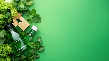 Green Bottles and Fresh Herbs on Green Background
