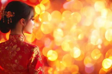 Generating a very realistic photo of a beautiful girl dress in bright red Chinese suit in a Chinese New year atmospheres, red and gold blurry background