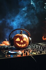 Carved halloween pumpkin wearing headphones is sitting on a dj mixer