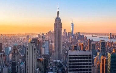 Manhattan sunset skyline, cityscape, aerial view, golden hour, travel