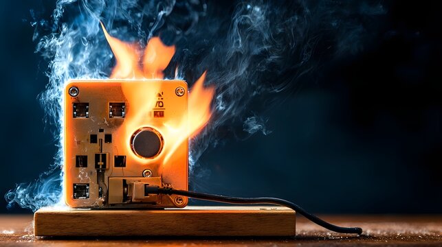 Dramatic scene of a short circuit triggering an electrical fire with sparks and smoke in a living room at home