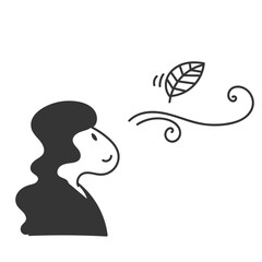 cartoon doodle person looking at leaf blowing by the wind