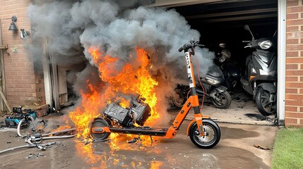 Dramatic scene of smoke billowing out of a garage as an electric scooter s battery catches fire causing a fiery accident with flames and debris scattered throughout the space