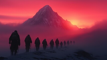 Fototapeta premium Mountain Sunrise Hikers Trekking Through Fog and Colorful Sky