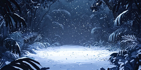 Anime snowstorm forest, winter landscape background, snowy trees scene, scenic backdrop