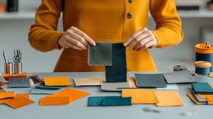 Elegant fingers carefully sorting through a variety of fabric swatches and samples in a designer s studio showcasing the creative process of selecting materials for fashion