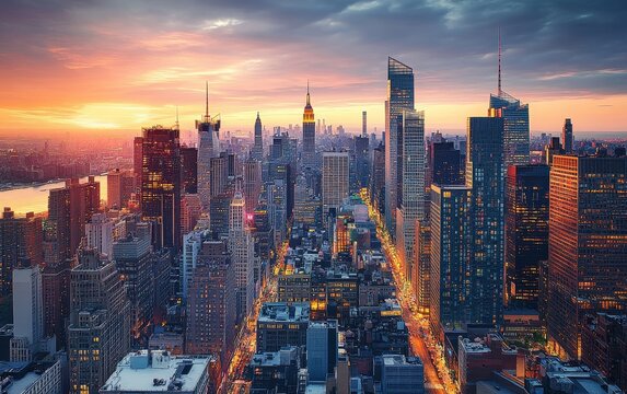 Manhattan sunset cityscape, aerial view, twilight, city lights, river