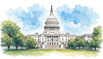 Fototapeta premium Watercolor Painting of the United States Capitol Building in Washington D.C. with Lush Green Trees and a Cloudy Sky