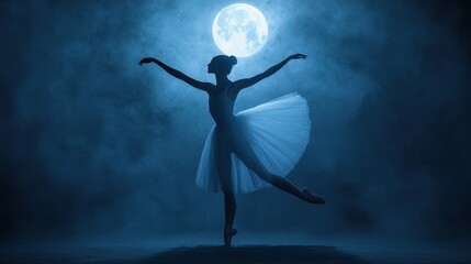Obraz premium Graceful Ballet Dancer Silhouette Under Full Moon Night Sky
