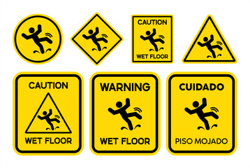 Caution wet floor sign. Wet floor yellow sign vector set. Slippery when wet symbol. Wet floor icon.