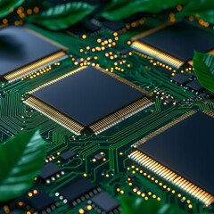 Obraz premium Green Circuit Board with Microchips and Leaves