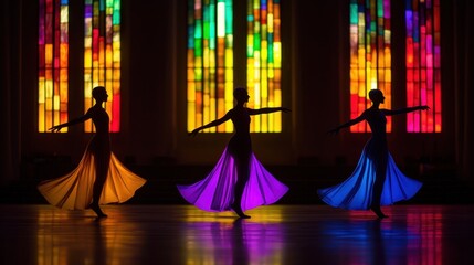 Elegant Dance Performance with Colorful Stained Glass Background