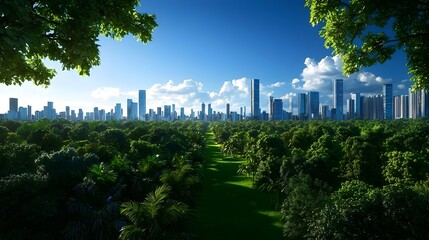 Fototapeta premium Green City Skyline Under a Sunny Sky