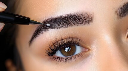 Extreme close up of a woman s face with perfectly sculpted and filled in eyebrows achieved through the use of a microblading pen for a professional cosmetic makeup application