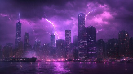 Obraz premium Lightning storm over the city in purple light