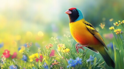 Obraz premium A serene nature scene featuring a Gouldian sparrow with its radiant plumage, set against a backdrop of wildflowers and green fields.