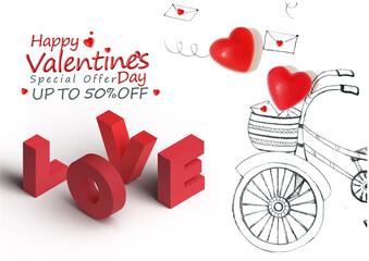 Valentine's Day promotional banner with a hand-drawn bicycle and 3D typography for the word Love.