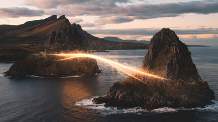 A radiant bridge forming between two distant islands, glowing with energy.