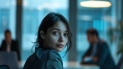 Fototapeta premium A woman confidently sitting in an office, ready for a meeting.